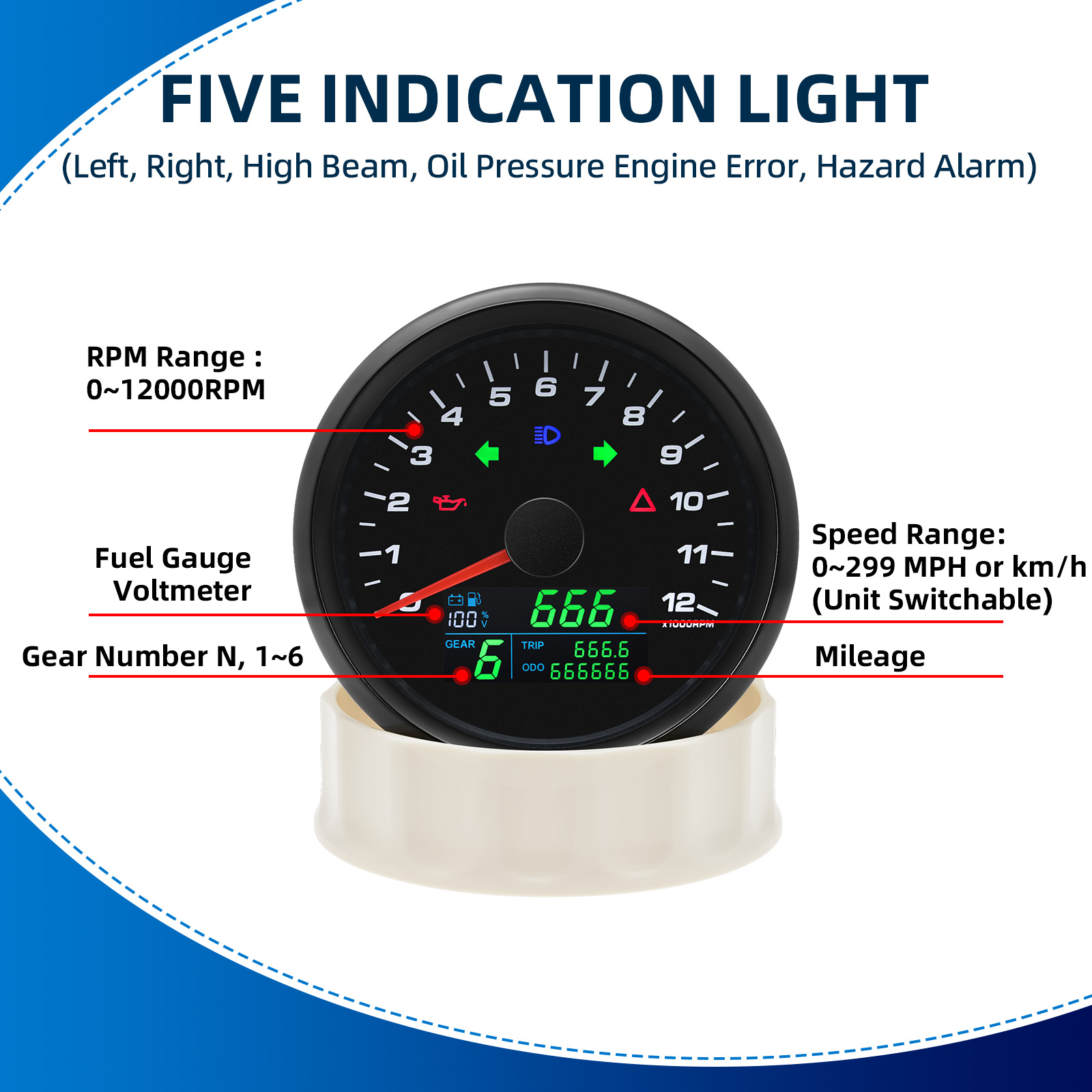 6 in 1  0-12000RPM Tachometer  - Motorcycle Gear Levels recension och pris